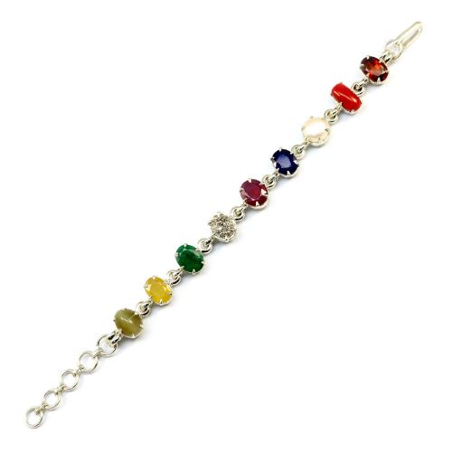 Navratna Sterling Silver Bracelet with all Nine Natural Gemstones for Navgraha Lab Certified Gm 43.92