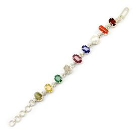 Navratna Sterling Silver Bracelet with all Nine Natural Gemstones for Navgraha Lab Certified Gm 44.43